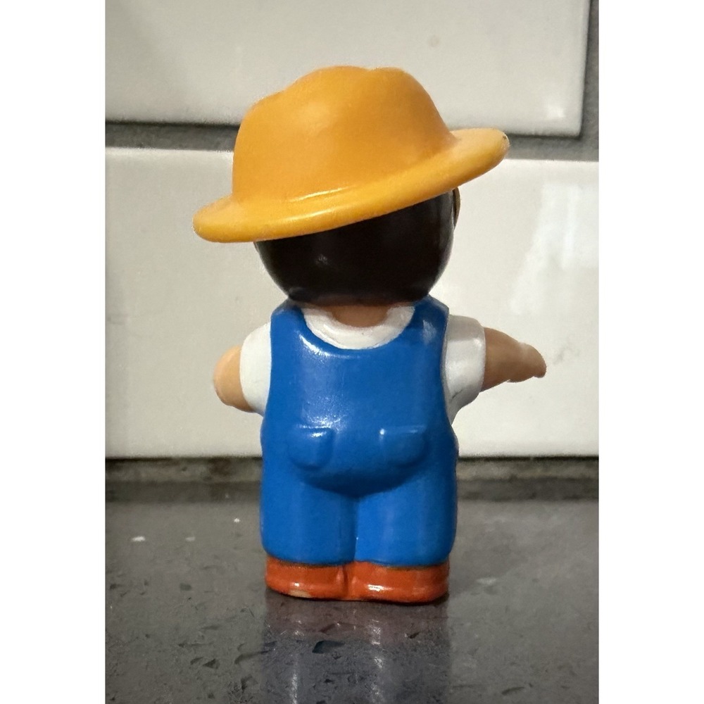 Vtg Fisher Price Little People Farmer Dad 3" Mustache Yellow Hat Blue Overalls‎ - Picture 2 of 3